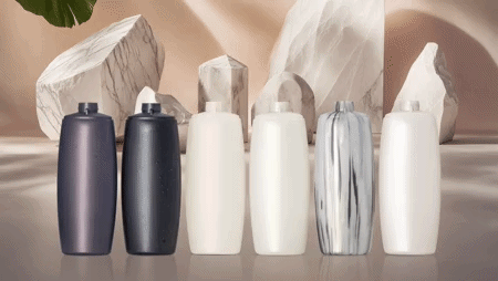 Row of seven cosmetic bottles in purple black white and marbled gray finishes on a stone backdrop